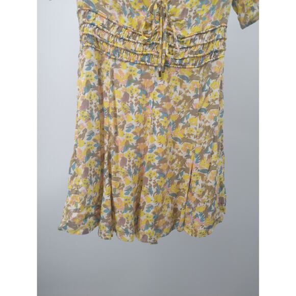 Free People Forget Me Not Mini Dress 8 Floral Ruched Short Sleeve Ivory Combo - Picture 9 of 15